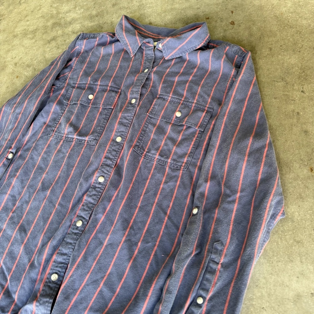 LL Bean Soft Washed Utility Shirt Tencell Darkest Indigo Stripe Woman’s XL - Picture 2 of 5